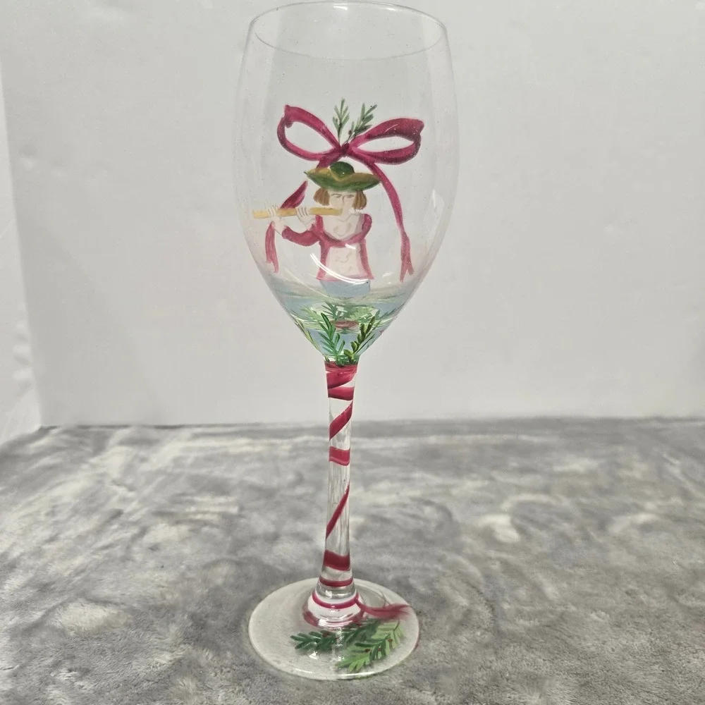 12 Days of Christmas 11 Pipers Piping Hand Painted Wine Glass Candy Cane Stem 9